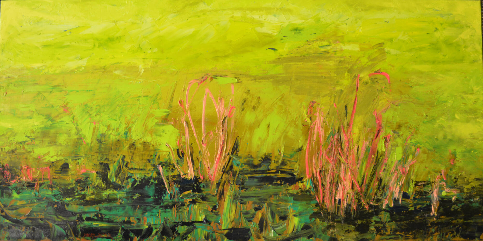 Abstract painting with a green background and shapes in darker green, brown and orange at the bottom that look like grass or seaweed.